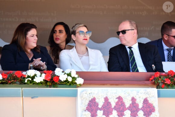 Melanie de Massy, la présidente du Monte Carlo Country Club, la princesse Charlene de Monaco, le prince Albert II de Monaco, Sean Wittstock avec sa femme Chantell Violet Serfontein - La famille princière de Monaco assiste à la finale homme du tournoi Rolex Monte Carlo Masters 2023 à Roquebrune-Cap-Martin le 16 avril 2023. En s'imposant devant Holger Rune (5-7, 6-2, 7-5), Andrey Rublev a décroché son tout premier Masters 1000. © Bruno Bebert/Bestimage 