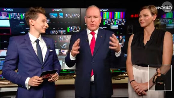 Le prince Albert de Monaco et la princesse Charlene ont assisté vendredi au lancement de la chaîne de télévision TVMonaco, première télévision publique généraliste de la principauté.01/09/2023 © Capture TV Monaco via Bestimage 