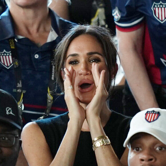 Le prince Harry, duc de Sussex, et sa femme Meghan Markle, duchesse de Sussex, assistent aux finales de natation à la Merkur Spiel-Arena lors des Jeux Invictus à Düsseldorf, en Allemagne, le mercredi 13 septembre 2023. 