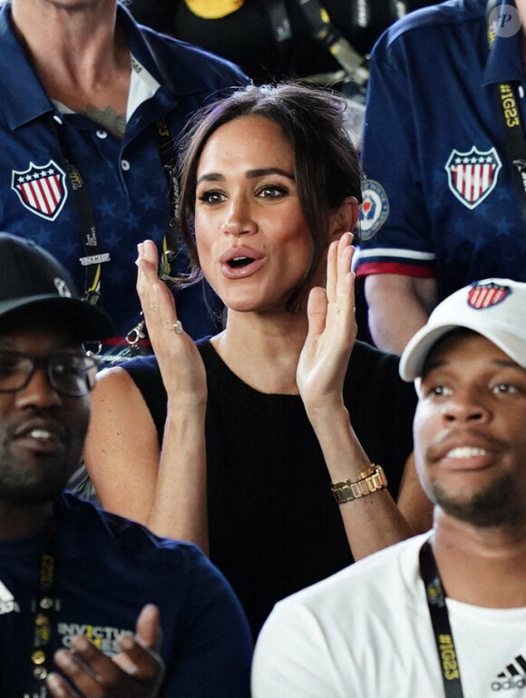 Le prince Harry, duc de Sussex, et sa femme Meghan Markle, duchesse de Sussex, assistent aux finales de natation à la Merkur Spiel-Arena lors des Jeux Invictus à Düsseldorf, en Allemagne, le mercredi 13 septembre 2023. 