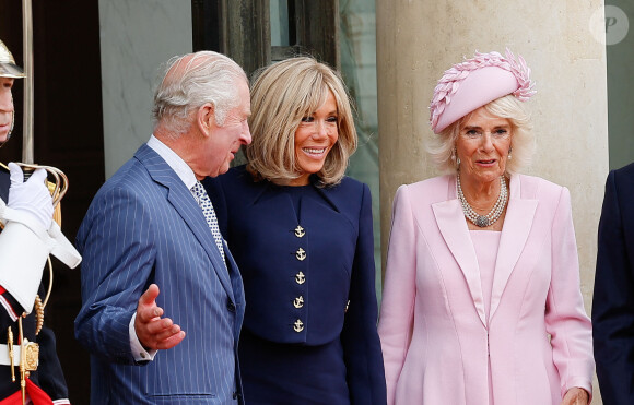 Camilla Parker Bowles, le roi Charles III et Brigitte Macron - Le roi et la reine d'Angleterre reçus au palais de l'Elysée à Paris. Le 20 septembre 2023. © Moreau-Jacovides / Bestimage