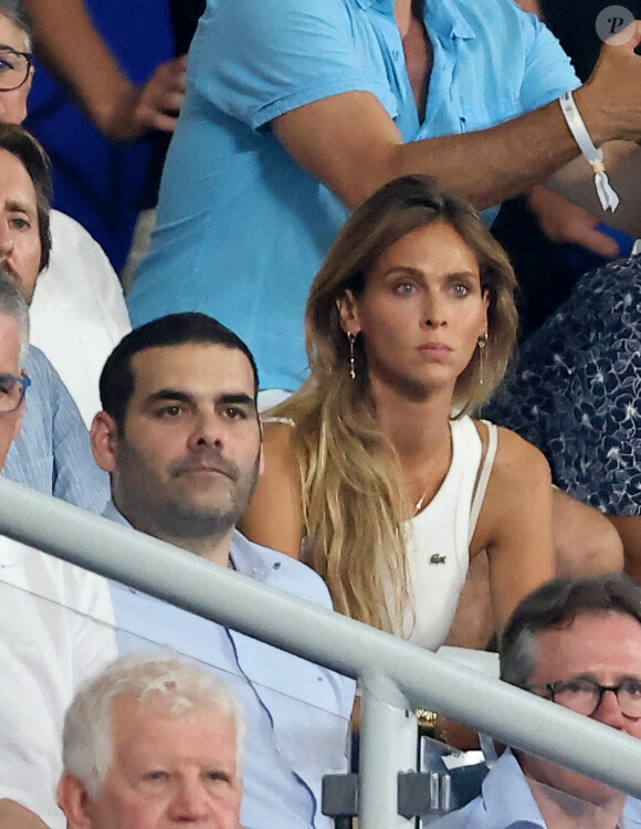 Ophélie Meunier, Matthieu Lartot - People dans les tribunes lord du match d'ouverture de la Coupe du Monde de Rugby France 2023 avant le match de la Poule A entre la France et la Nouvelle-Zélande au Stade de France à Saint-Denis le 8 septembre 2023. © Dominique Jacovides/Bestimage 