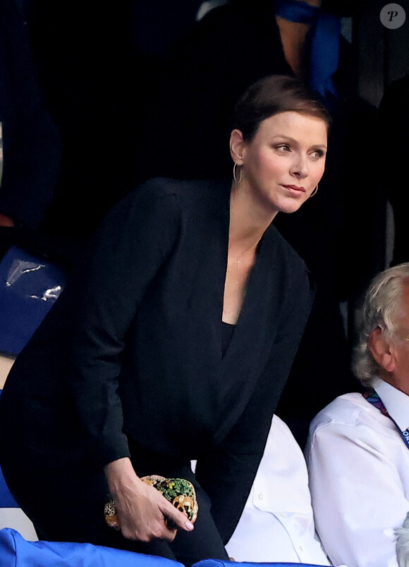 La princesse Charlene de Monaco dans les tribunes lors du match de rugby entre l'Afrique du Sud et l'Écosse (18-3) au stade Vélodrome à Marseille le 10 septembre 2023. © Dominique Jacovides / Bestimage 