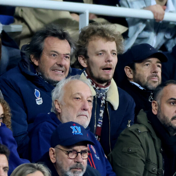 Sophie Marceau, Jean-Luc Reichmann, Patrick Bruel, François Berléand et ses filles, François-Xavier Demaison, Patrick Bruel - People des les tribunes de la coupe du Monde de Rugby France 2023 - Match de quart de finale "France-Afrique du Sud (28-29)" au Stade de France à Saint-Denis 15 octobre 2023. © Moreau-Jacovides/Bestimage