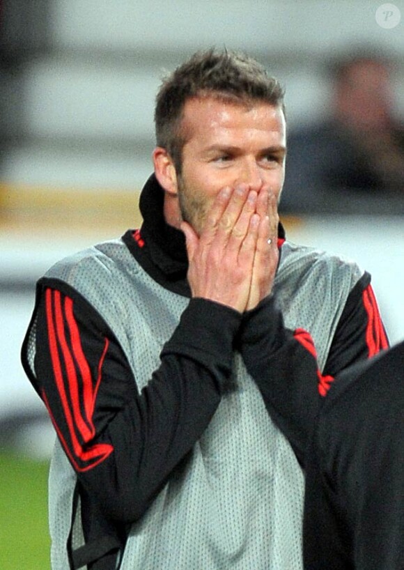 David Beckham à l'entrainement avec le Milan AC dans le stade d'Old Trafford avant son match de Ligue des Champions face à son ancien club de Manchester United.