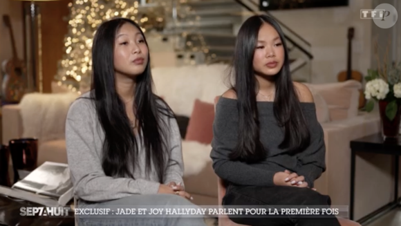 Âgées de 19 et 15 ans, les deux jeunes femmes se sont souvenu avec émotion de leur papa.
Jade et Joy Hallyday interviewées par Audrey Crespo-Mara dans Sept à huit, sur TF1, dimanche 10 décembre 2023.