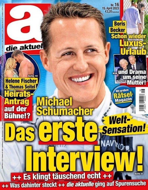 llustration de la couverture du magazine "Die Aktuelle" - Le magazine allemand "Die Aktuelle" revendique en couverture de son édition une interview exclusive de Michael Schumacher générée par... l'intelligence artificielle (IA) et cela provoque un tollé en Allemagne, le 20 avril 2023.