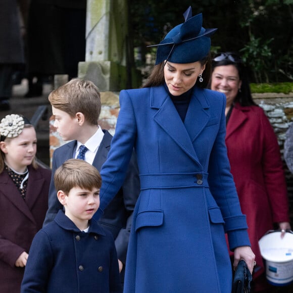 Catherine (Kate) Middleton, princesse de Galles, le prince George de Galles et le prince Louis de Galles - Les membres de la famille royale britannique lors de la messe du matin de Noël en l'église St-Mary Magdalene à Sandringham, le 25 décembre 2023.