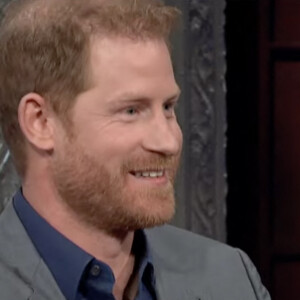 Le prince Harry sur le plateau de l'émission "The Late Show With Stephen Colbert" à New York, le 12 janvier 2023. © JLPPA/CBS/Bestimage 