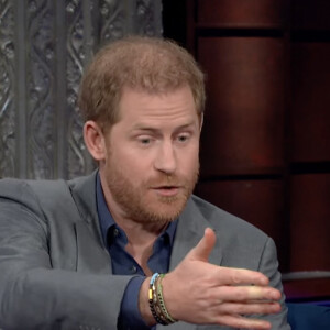Le prince Harry sur le plateau de l'émission "The Late Show With Stephen Colbert" à New York, le 12 janvier 2023. © JLPPA/CBS/Bestimage 