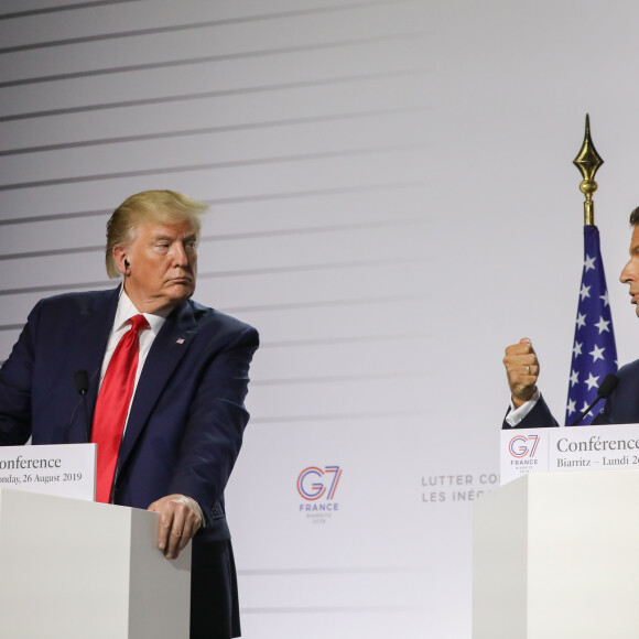 Conférence de presse commune du président Emmanuel Macron et du président Donald Trump lors du sommet du G7 à Biarritz le 26 août 2019. © Dominique Jacovides / Bestimage