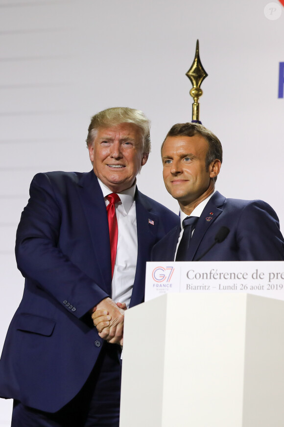 Donald Trump se moque d'Emmanuel Macron
Conférence de presse commune du président Emmanuel Macron et du président Donald Trump lors du sommet du G7 à Biarritz. © Dominique Jacovides / Bestimage