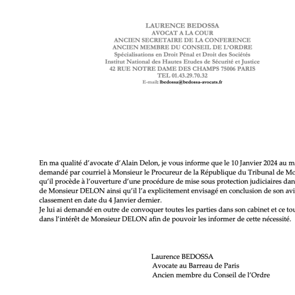 Communiqué de Laurence Bendossa, avocate d'Alain Delon, du 11 janvier 2024