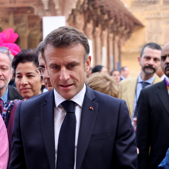 Emmanuel Macron lors de la cérémonie d'accuei au Fort d'Amber à Jaipur, dans le cadre de son voyage officiel en Inde, le 25 janvier 2024. © Dominique Jacovides / Bestimage
