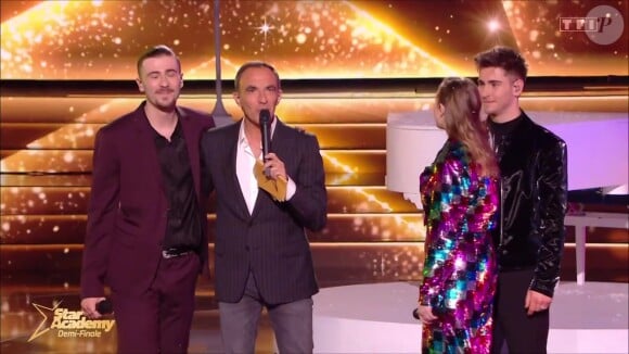 Nikos Aliagas, Helena, Pierre et Julien - Demi-finale de la Star Academy diffusée sur TF1, le 27 janvier 2024.
