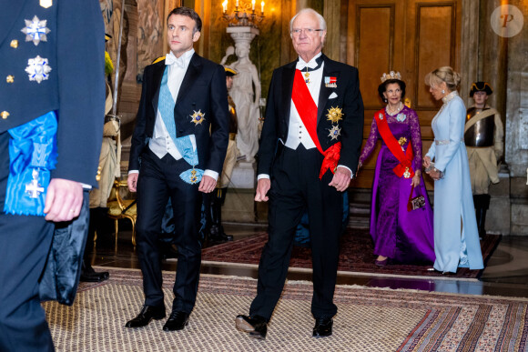 Le président Emmanuel Macron, le roi Carl Gustav de Suède, la reine Silvia et Brigitte Macron - Dîner d'Etat pour la visite du président Emmanuel Macron et de sa femme Brigitte, Stockholm, Suède, 30 janvier 2024.