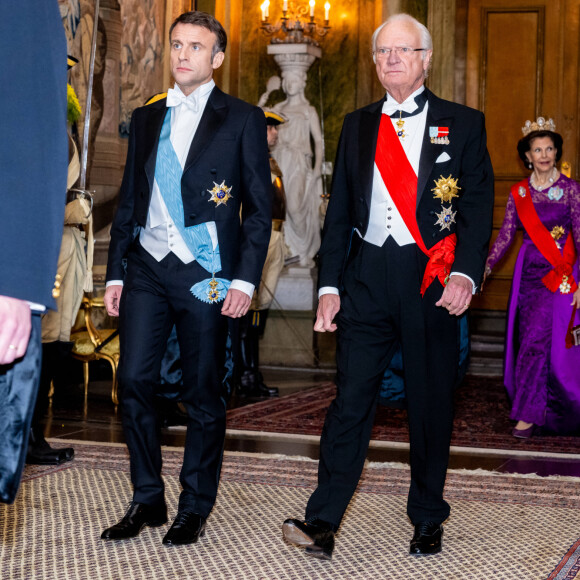 Le président Emmanuel Macron, le roi Carl Gustav de Suède, la reine Silvia et Brigitte Macron - Dîner d'Etat pour la visite du président Emmanuel Macron et de sa femme Brigitte, Stockholm, Suède, 30 janvier 2024.
