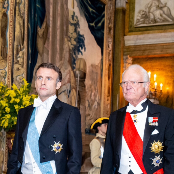 Le président Emmanuel Macron et le roi Carl Gustav de Suède - Dîner d'Etat pour la visite du président Emmanuel Macron et de sa femme Brigitte, Stockholm, Suède, 30 janvier 2024.