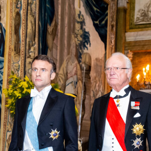Le président Emmanuel Macron et le roi Carl Gustav de Suède - Dîner d'Etat pour la visite du président Emmanuel Macron et de sa femme Brigitte, Stockholm, Suède, 30 janvier 2024.