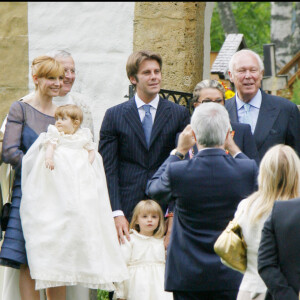 EXCLUSIF - NO CREDIT BAPTEME DE LE LUISA, LA FILLE DU PRINCE EMMANUEL PHILIBERT DE SAVOIE ET DE LA PRINCESSE CLOTILDE DE SAVOIE (CLOTILDE COURAU) A L' EGLISE DE LAUENEN PRES DE GSTAAD EN SUISSE. ETAIENT PRESENTS, VITTORIA, LA FILLE AINEE DU COUPLE AINSI QUE LE PRINCE VICTOR EMMANUEL DE SAVOIE, LA PRINCESSE MARINA DORIA ET DES PROCHES DE LA FAMILLE  EXCLUSIVE - NO CREDIT FOR GERMANY CALL FOR A PRICE BAPTISM OF LUISA, SECOND DAUGHTER OF PRINCE EMMANUEL PHILIBERT OF SAVOY AND PRINCESS CLOTILDE OF SAVOY IN LAUENEN NEAR GSTAAD (SWITZERLAND). ATTENDING THE CEREMONY WERE, VITTORIA (SISTER OF LUISA), PRINCE VICTOR EMMANUEL OF SAVOY, PRINCESS MARINA DORIA AND CLOSED FRIENDS OF THE FAMILY 
