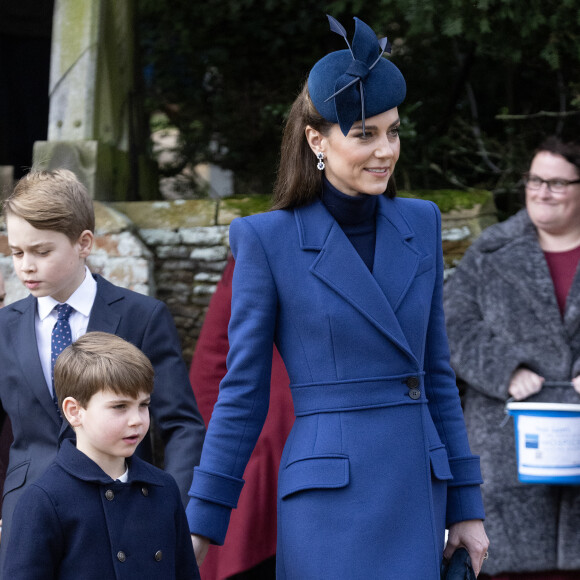 Catherine (Kate) Middleton, princesse de Galles, le prince George de Galles et le prince Louis de Galles - Les membres de la famille royale britannique lors de la messe du matin de Noël en l'église St-Mary Magdalene à Sandringham, le 25 décembre 2023.