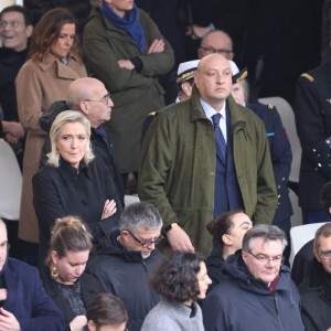 Marine Le Pen - Cérémonie d'hommage national aux victimes françaises des attaques terroristes du 7 octobre en Israël dans la cour d'honneur de l'Hôtel national des Invalides le 7 février 2024. Quatre mois jour pour jour après les attentats terroristes qui ont frappé Israël et le peuple israélien et qui ont causé la mort de 42 de nos concitoyens. A ce jour, trois de nos compatriotes demeurent toujours disparus et présumés otages, et la France n'a de cesse d'oeuvrer avec ses partenaires pour leur libération. © Dominique Jacovides / Bestimage