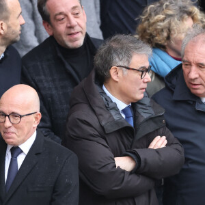 Eric Ciotti, François Bayrou - Cérémonie d'hommage national aux victimes françaises des attaques terroristes du 7 octobre en Israël dans la cour d'honneur de l'Hôtel national des Invalides le 7 février 2024. Quatre mois jour pour jour après les attentats terroristes qui ont frappé Israël et le peuple israélien et qui ont causé la mort de 42 de nos concitoyens. A ce jour, trois de nos compatriotes demeurent toujours disparus et présumés otages, et la France n'a de cesse d'oeuvrer avec ses partenaires pour leur libération. © Dominique Jacovides / Bestimage