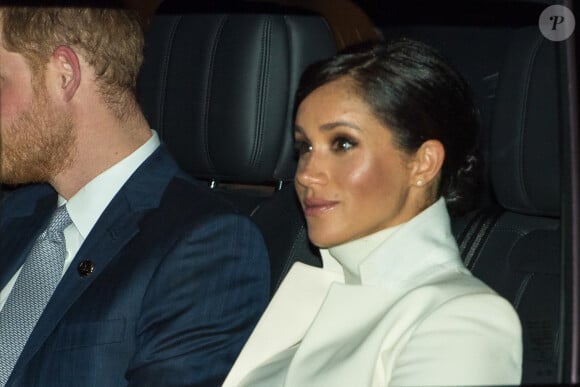 Le prince Harry, duc de Sussex, et Meghan Markle, duchesse de Sussex, enceinte, arrivent au musée d'histoire naturelle pour assister à la soirée de gala The Wilder Earth à Londres le 12 février 2019. 
