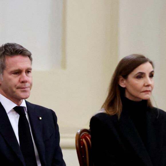 Marina Ricolfi-Doria, son fils, le prince Emmanuel-Philibert de Savoie, sa femme la princesse Clotilde Courau - Veillée funèbre du prince Victor-Emmanuel de Savoie, en l'Eglise de Sant'Uberto à Turin, en présence de sa veuve Marina Ricolfi-Doria, de son fils, le prince E-P. de Savoie avec sa femme la princesse Clotilde Courau et leurs filles les princesses Vittoria et Luisa, le 9 février 2024. Le fils du dernier roi d'Italie s'est éteint le 3 février 2024 à l'âge de 86 ans. © Dominique Jacovides/Bestimage 