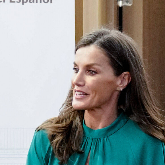 La reine Letizia d'Espagne lors de l'annonce du lauréat du "Prix Fondation Princesse de Gérone 2024" dans la catégorie "Arts" au Centre des arts scéniques et de la musique (CAEM) à Salamanque le 20 février 2024. 