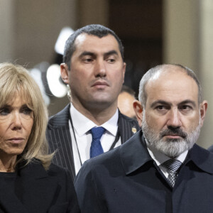 Anna Hakobian, Brigitte Macron, Nikol Pashinyan, premier ministre de l'Arménie , le président Emmanuel Macron lors de la cérémonie d'État pour l'intronisation de Missak Manouchian et de sa femme Mélinee au Panthéon à Paris le 21 février 2024. © Eliot Blondet / Pool / Bestimage