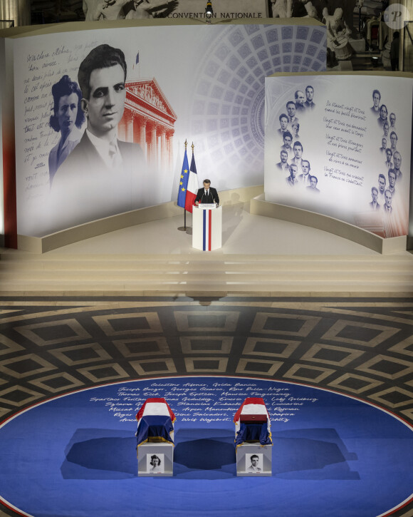 Le président Emmanuel Macron lors de la cérémonie d'État pour l'intronisation de Missak Manouchian et de sa femme Mélinee au Panthéon à Paris le 21 février 2024. © Eliot Blondet / Pool / Bestimage