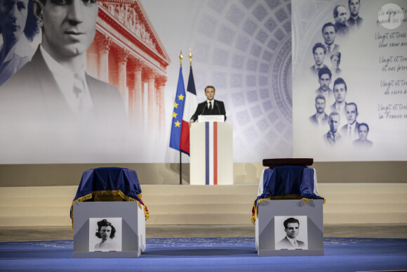 Le président Emmanuel Macron lors de la cérémonie d'État pour l'intronisation de Missak Manouchian et de sa femme Mélinee au Panthéon à Paris le 21 février 2024. © Eliot Blondet / Pool / Bestimage  French President Emmanuel Macron gives a speech during the national tribute to the Armenian communist resistance fighter and his comrades at the Pantheon, in Paris on February 21, 2024. 