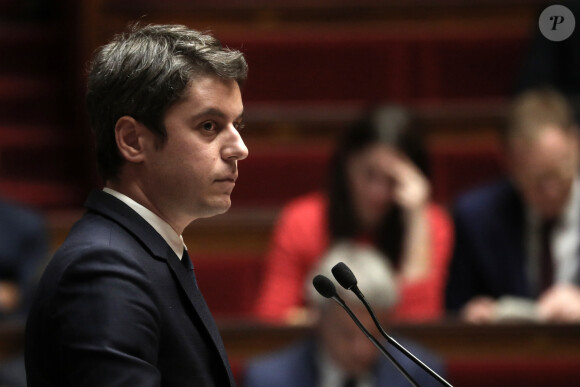 Le premier ministre, Gabriel Attal lors d'une déclaration sur la situation en Ukraine avant un débat à l'Assemblée Nationale à Paris, France, le 12 mars 2024. © Stéphane Lemouton/Bestimage