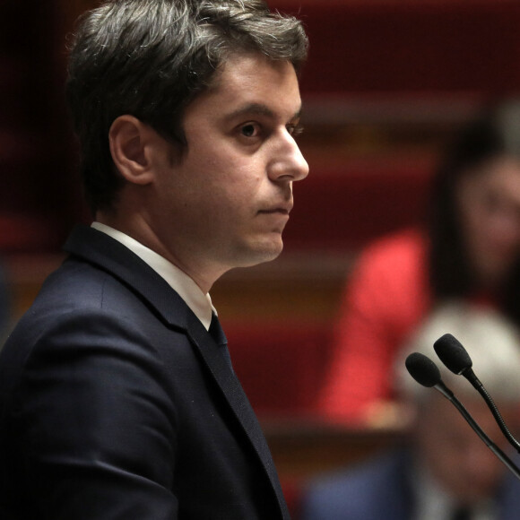 Le premier ministre, Gabriel Attal lors d'une déclaration sur la situation en Ukraine avant un débat à l'Assemblée Nationale à Paris, France, le 12 mars 2024. © Stéphane Lemouton/Bestimage