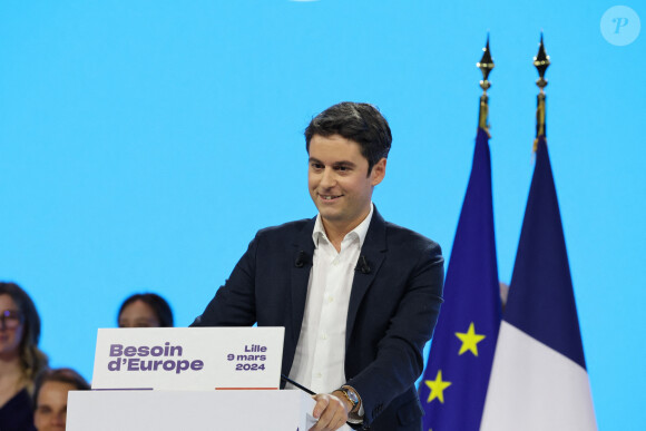 Désireux d'inciter les jeunes filles à s'interesser à cette matière, Gabriel Attal a fait d'Eve Gilles son ambassadrice dans le domaine
Gabriel ATTAL (Premier Minsitre) lors du meeting Besoin d'Europe de la majorité présidentielle, au Grand Palais de Lille le 09/03/2024 © Laurent Sanson / Panoramic / Bestimage