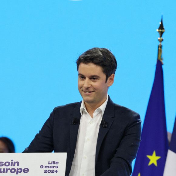 Désireux d'inciter les jeunes filles à s'interesser à cette matière, Gabriel Attal a fait d'Eve Gilles son ambassadrice dans le domaine
Gabriel ATTAL (Premier Minsitre) lors du meeting Besoin d'Europe de la majorité présidentielle, au Grand Palais de Lille le 09/03/2024 © Laurent Sanson / Panoramic / Bestimage