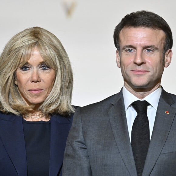 Le président Emmanuel Macron et sa femme Brigitte Macron lors de la réception des 80 ans du CRIF (Conseil représentatif des institutions juives de France) au palais de l'Elysée à Paris le 18 mars 2024. © Eric Tschaen / Pool / Bestimage