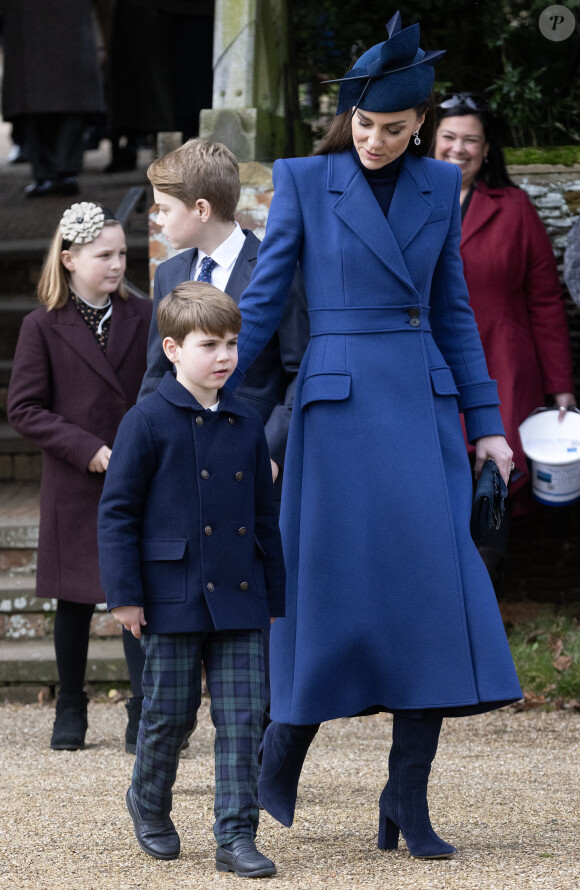 Catherine (Kate) Middleton, princesse de Galles, le prince George de Galles et le prince Louis de Galles - Les membres de la famille royale britannique lors de la messe du matin de Noël en l'église St-Mary Magdalene à Sandringham, le 25 décembre 2023. ne