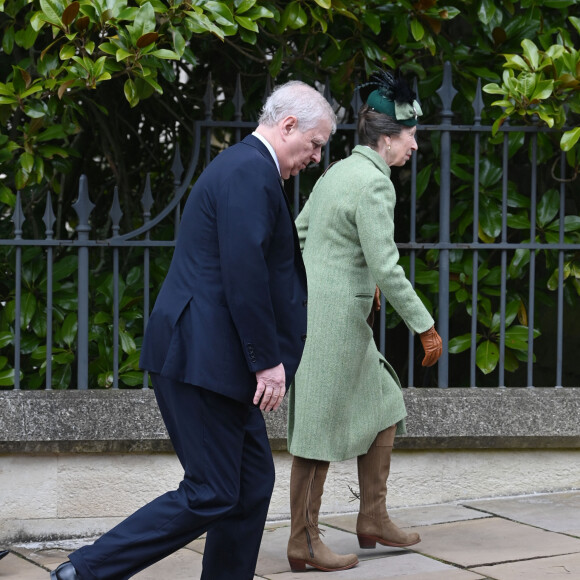 La princesse Anne, le prince Andrew, duc d'York - Les membres de la famille royale britannique arrivent à la chapelle Saint-George pour assister à la messe de Pâques. Windsor, le 31 mars 2024. 