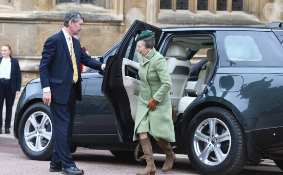 La princesse Anne - Les membres de la famille royale britannique arrivent à la chapelle Saint-George pour assister à la messe de Pâques. Windsor, le 31 mars 2024. 