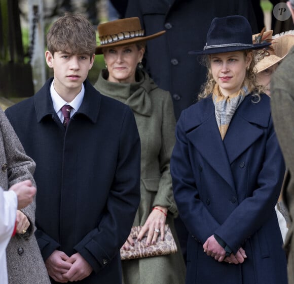 James Mountbatten-Windsor, comte de Wessex, Louise Mountbatten-Windsor (Lady Louise Windsor) - Les membres de la famille royale britannique lors de la messe du matin de Noël en l'église St-Mary Magdalene à Sandringham, le 25 décembre 2023.