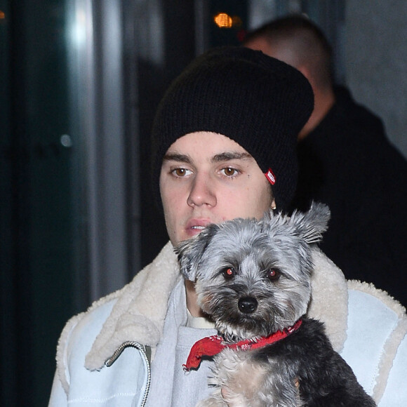 Justin Bieber porte un chiot à l'aéroport après un concert à Cracovie, en Pologne, le 11 novembre 2016. Photo par Splash News/ABACAPRESS.COM