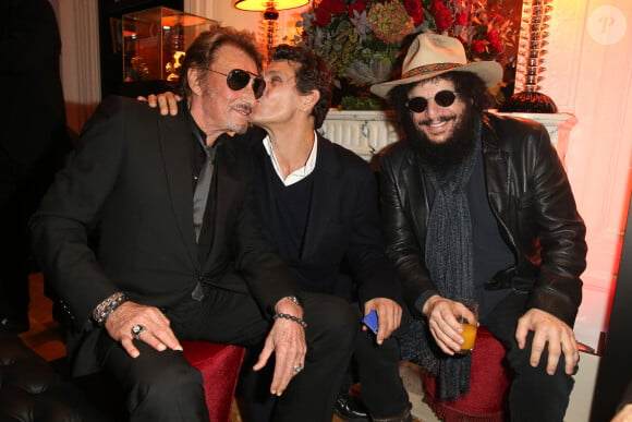 Johnny Hallyday, Marc Lavoine et Don Was - Inauguration du Show Room De Grisogono Paris et lancement de la montre 'Crazy Skull' à Paris le 23 octobre 2014. 