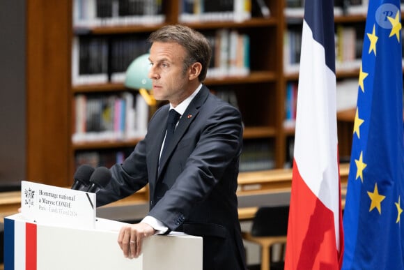 Le président Emmanuel Macron lors de l'hommage national à Maryse Condé à la Bibliothèque Nationale de France (B.N.F) à Paris le 15 avril 2024. © Raphaël Lafargue / Pool / Bestimage