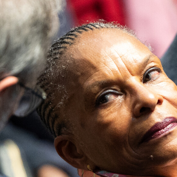 Christiane Taubira - La président Emmanuel Macron lors de l'hommage national à Maryse Condé à la Bibliothèque Nationale de France (B.N.F) à Paris le 15 avril 2024. © Raphaël Lafargue / Pool / Bestimage