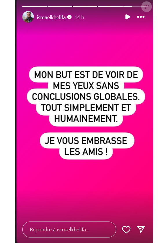 Ismaël Kelifa réagit aux critiques sur l'émission Echappées Belles aux Emirats Arabes Unis, le 21 avril 2024, en story Instagram