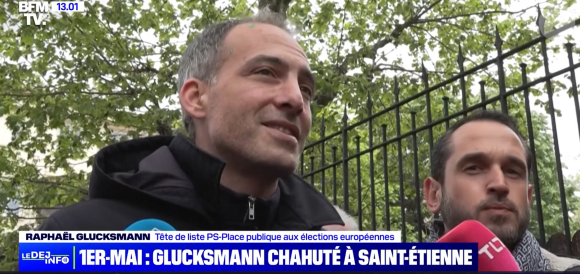 Raphaël Glucksmann en interview pour BFMTV après son agression lors des manifestations à Saint-Etienne, le 1er mai 2024