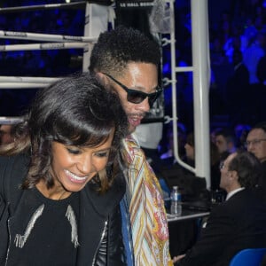 Didier Morville, dit JoeyStarr (Joey Starr) et sa compagne Karine Le Marchand avec Kool Shen et sa femme Kanails Lopes Archimede au match de boxe "La Conquête" Acte 4 T.Yoka VS C.Leonet au palais des sports de Paris le 7 avril 2018 © Pierre Perusseau / Bestimage 