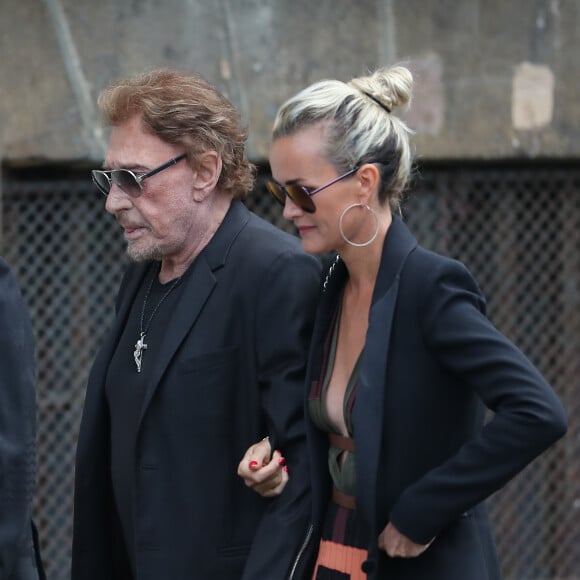 Johnny et Laeticia Hallyday - Obsèques de Mireille Darc en l'église Saint-Sulpice à Paris. Le 1er septembre 2017 